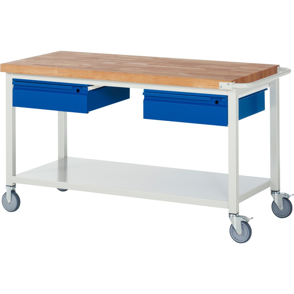 Obrázek produktu: Mobilní pracovní stůl RAU řada 8000, pracovní deska z bukového masivu, tloušťka 40 mm, VxŠxH 880 x 1 500 x 700 mm, 2 zásuvky, 1 odkládací police hloubka 650 mm