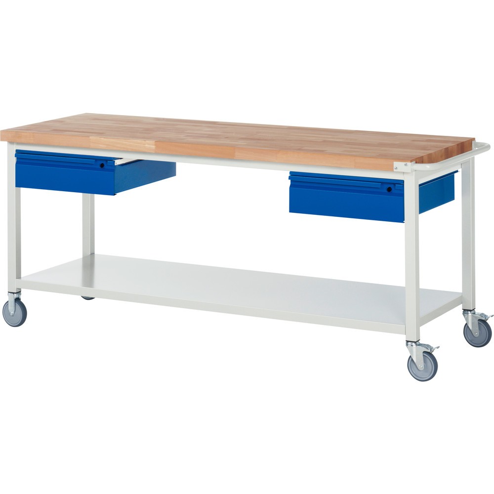 Obrázek produktu: Mobilní pracovní stůl RAU řada 8000, pracovní deska z bukového masivu, tloušťka 40 mm, VxŠxH 880 x 2 000 x 700 mm, 2 zásuvky, 1 odkládací police hloubka 650 mm
