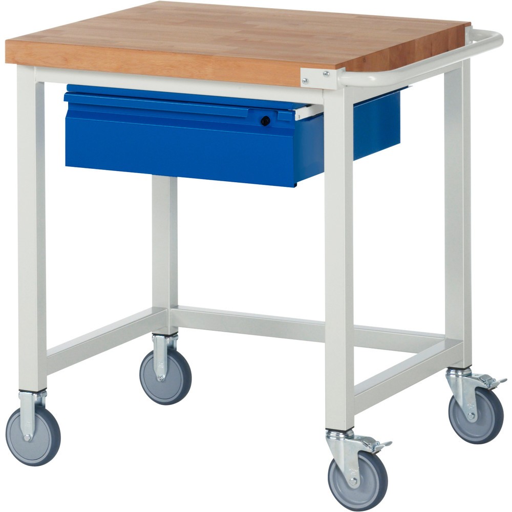 Číslo obrázku produktu 1: Mobilní pracovní stůl RAU řada 8000, pracovní deska z bukového masivu, tloušťka 40 mm, VxŠxH 880 x 750 x 700 mm, 1 zásuvka 1 x 150 mm