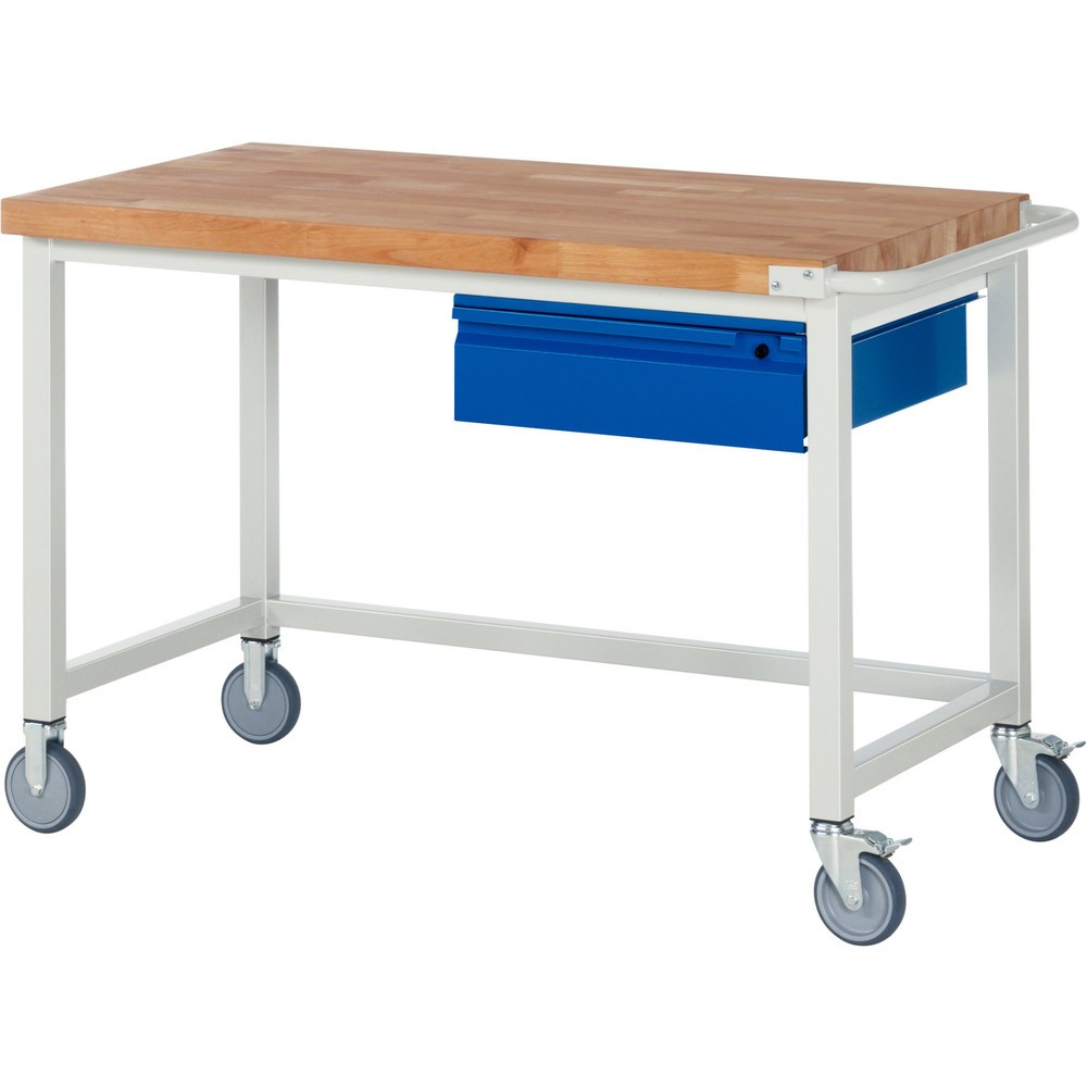 Číslo obrázku produktu 1: Mobilní pracovní stůl RAU řada 8000, pracovní deska z bukového masivu, tloušťka 40 mm, VxŠxH 880 x 1 250 x 700 mm, 1 zásuvka 1 x 150 mm