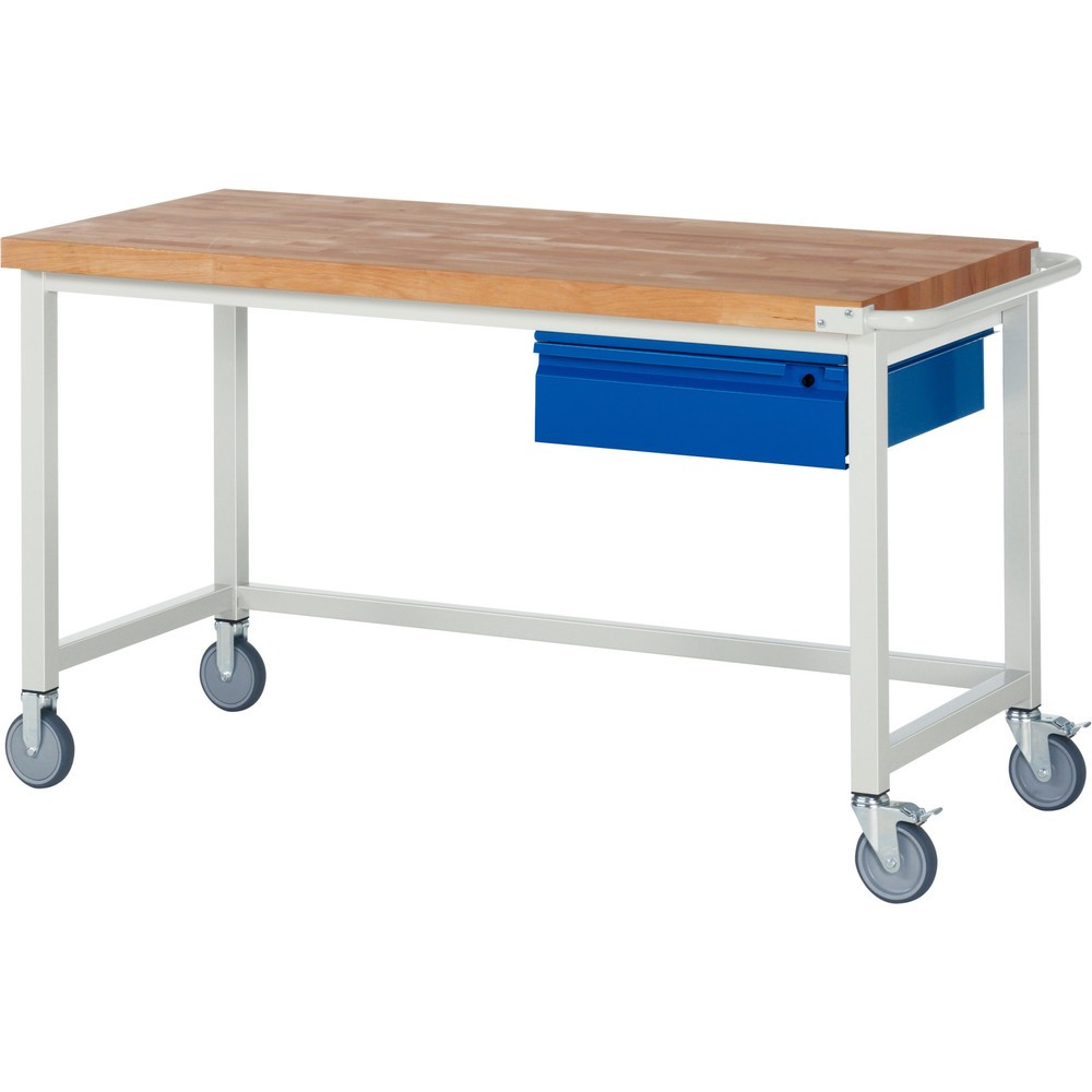 Obrázek produktu: Mobilní pracovní stůl RAU řada 8000, pracovní deska z bukového masivu, tloušťka 40 mm, VxŠxH 880 x 1 500 x 700 mm, 1 zásuvka 1 x 150 mm