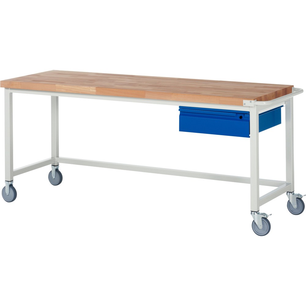 Obrázek produktu: Mobilní pracovní stůl RAU řada 8000, pracovní deska z bukového masivu, tloušťka 40 mm, VxŠxH 880 x 2 000 x 700 mm, 1 zásuvka 1 x 150 mm