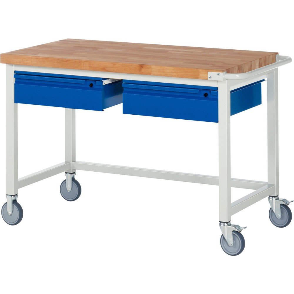 Číslo obrázku produktu 1: Mobilní pracovní stůl RAU řada 8000, pracovní deska z bukového masivu, tloušťka 40 mm, VxŠxH 880 x 1 250 x 700 mm, 2 zásuvky 2 x 150 mm