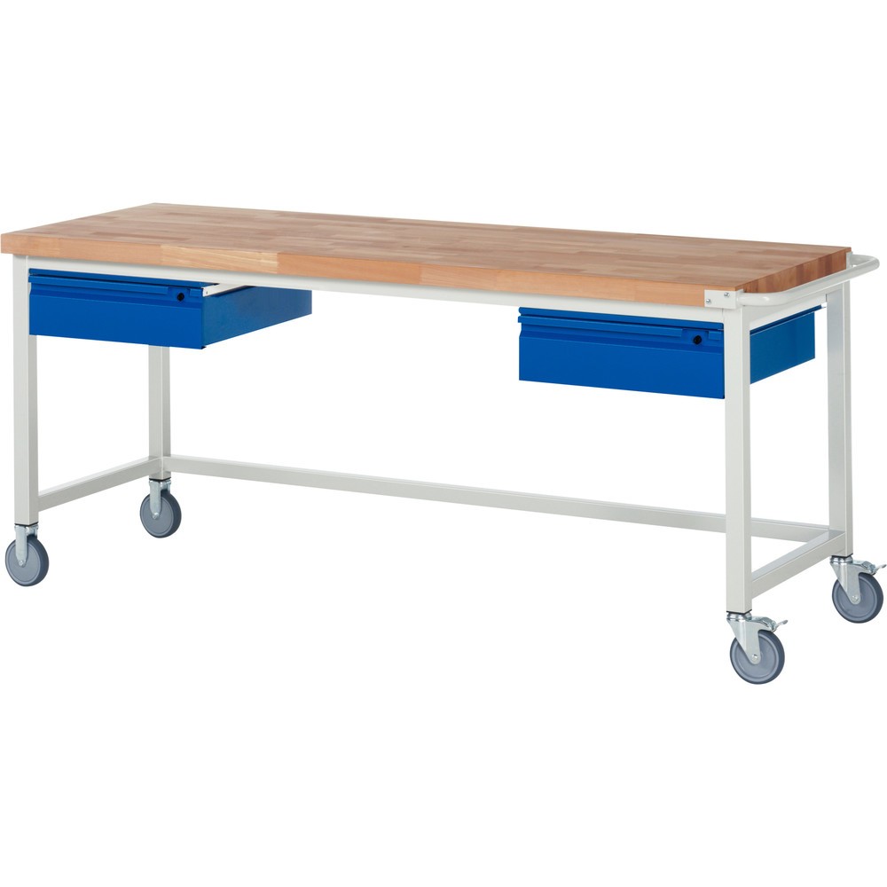 Číslo obrázku produktu 1: Mobilní pracovní stůl RAU řada 8000, pracovní deska z bukového masivu, tloušťka 40 mm, VxŠxH 880 x 2 000 x 700 mm, 2 zásuvky 2 x 150 mm