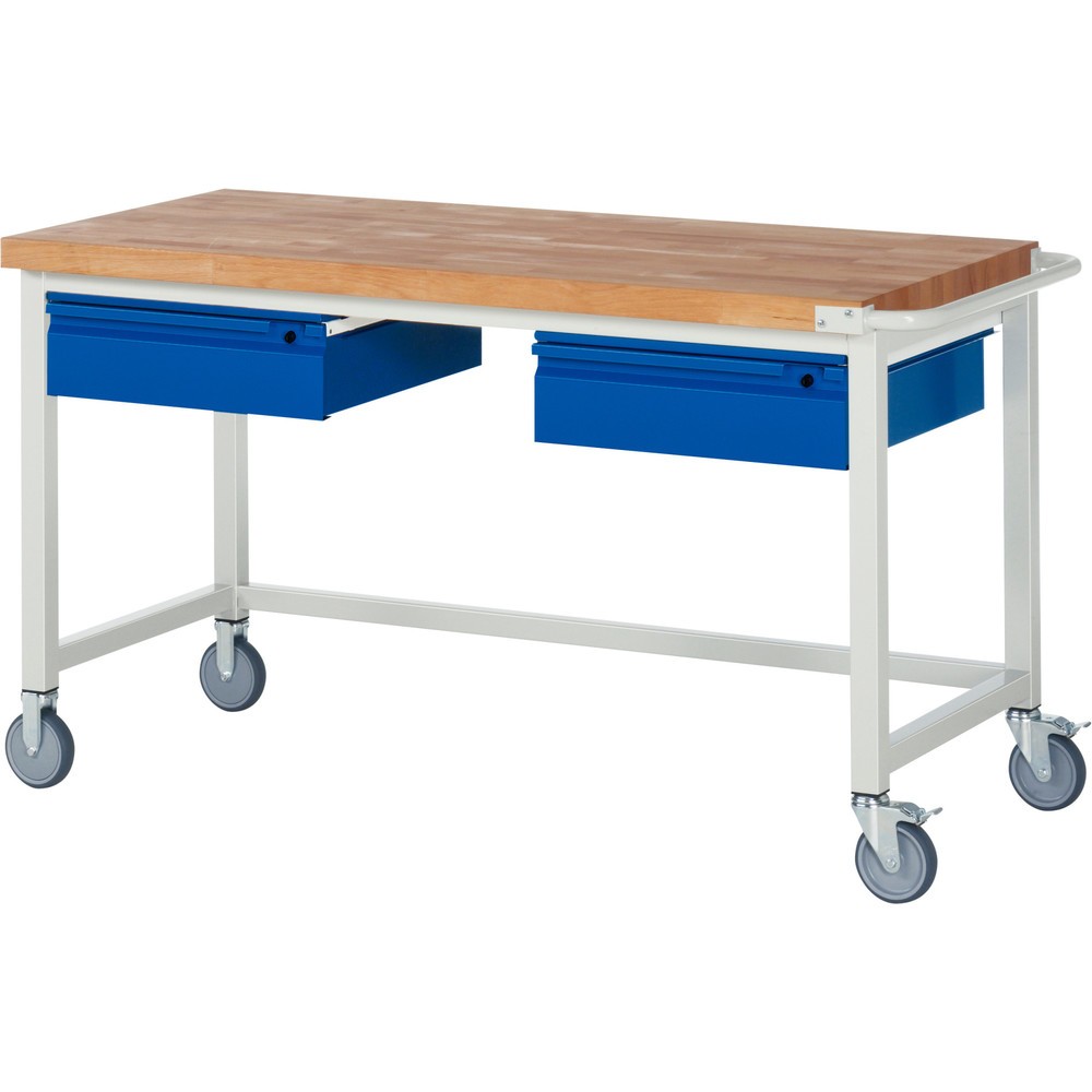 Číslo obrázku produktu 1: Mobilní pracovní stůl RAU řada 8000, pracovní deska z bukového masivu, tloušťka 40 mm, VxŠxH 880 x 1 500 x 700 mm, 2 zásuvky 2 x 150 mm