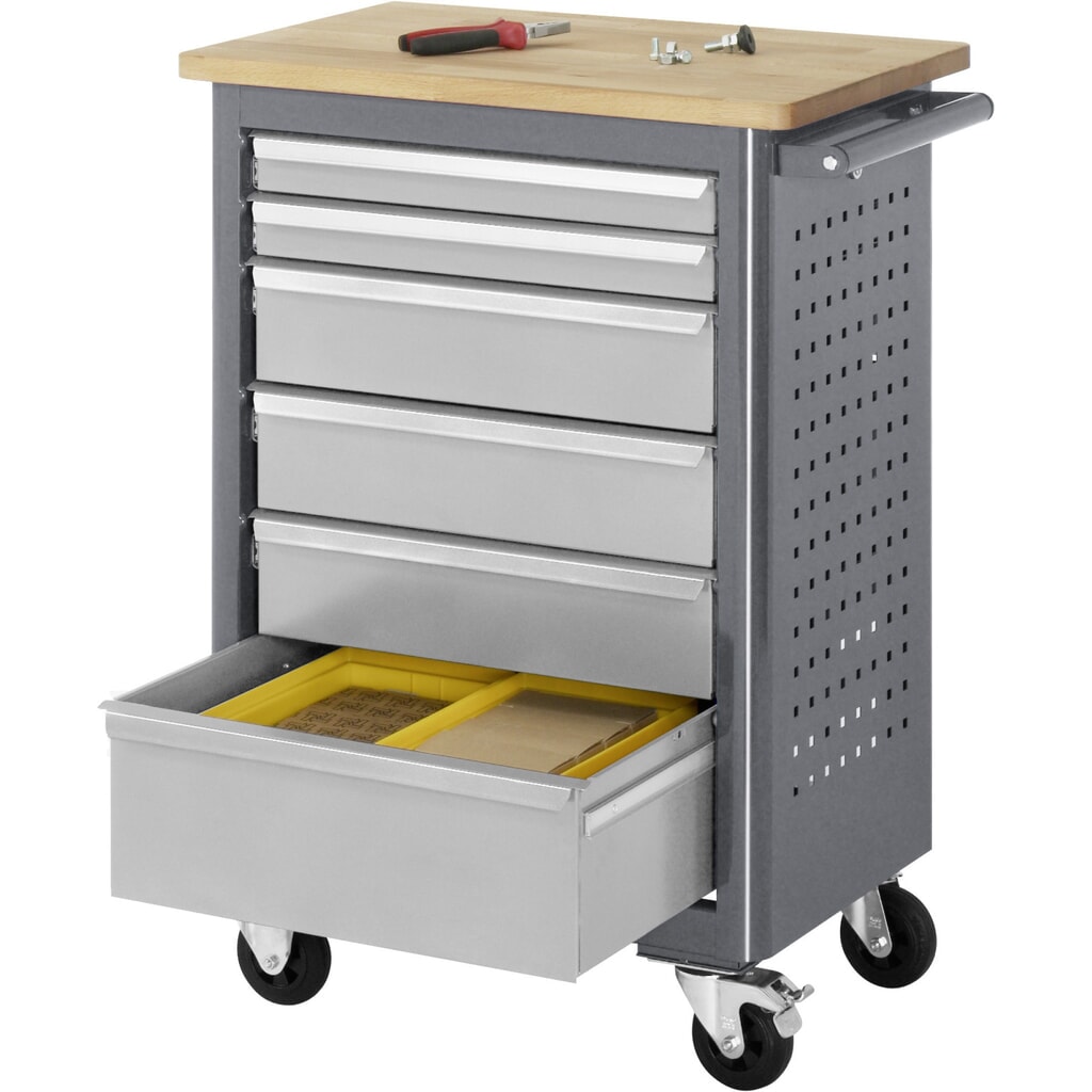 Číslo obrázku produktu 3: Mobilní pracovní stůl RAU řada adlatus, VxŠxH 950 x 675 x 450 mm, 6x zásuvka 2 x 65, 3 x 125, 1 x 90 mm, buková pracovní deska