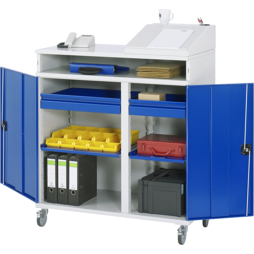 Mobilní pojízdný pult Rau, VxŠxH 1.185–1 345 x 1 100 x 520 mm, zásuvky 2 x 80 mm Obrázek produktu: Mobilní pojízdný pult Rau, VxŠxH 1.185–1 345 x 1 100 x 520 mm, zásuvky 2 x 80 mm
