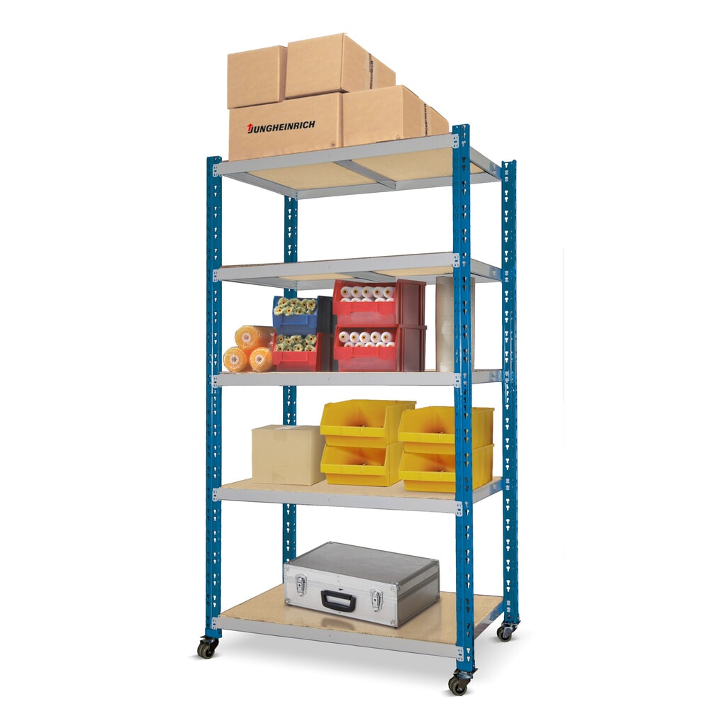 Policový regál, mobilní provedení, hořcová modř, 3 police z dřevotřískových desek, nosnost police 300 kg, VxŠxH 900 x 1000 x 600 mm Obrázek produktu: Policový regál, mobilní provedení, hořcová modř, 3 police z dřevotřískových desek, nosnost police 300 kg, VxŠxH 900 x 1000 x 600 mm