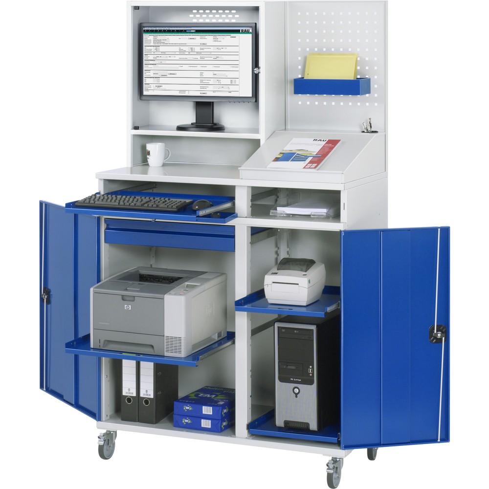 Číslo obrázku produktu 1: Mobilní skříň pro počítač RAU, kryt na monitor, zásuvka na klávesnici, dvojité křídlové dveře, zadní stěna z perforovaného panelu, počet zásuvek x V x Š: 1 x 80 x 650 mm