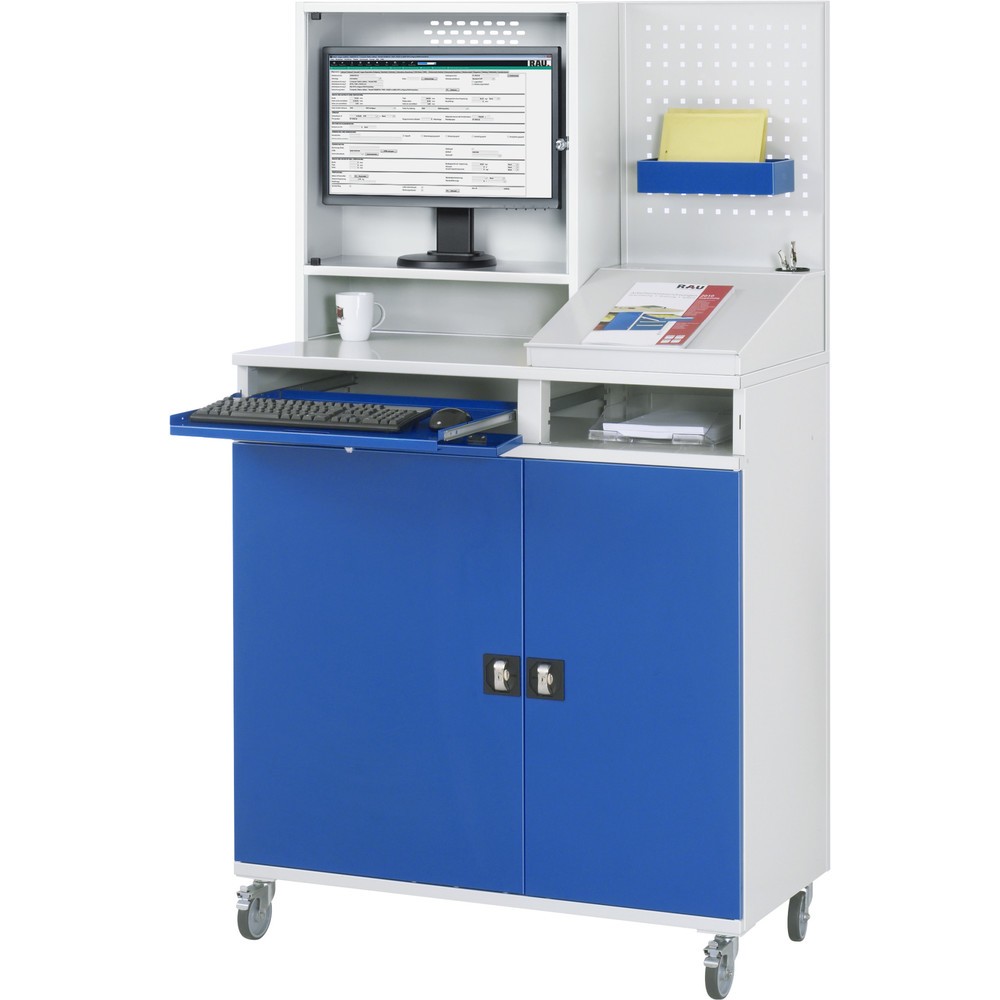 Číslo obrázku produktu 2: Mobilní skříň pro počítač RAU, kryt na monitor, zásuvka na klávesnici, dvojité křídlové dveře, zadní stěna z perforovaného panelu, počet zásuvek x V x Š: 1 x 80 x 650 mm