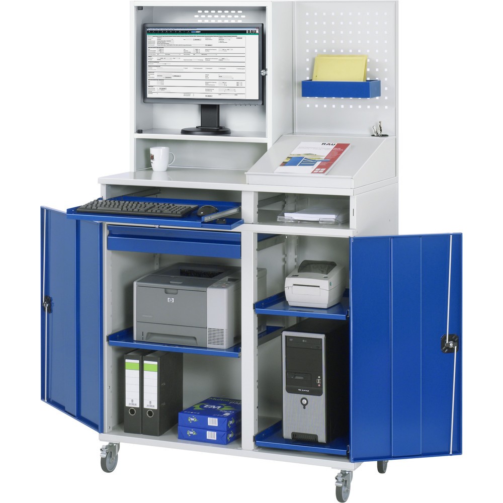 Číslo obrázku produktu 3: Mobilní skříň pro počítač RAU, kryt na monitor, zásuvka na klávesnici, dvojité křídlové dveře, zadní stěna z perforovaného panelu, počet zásuvek x V x Š: 1 x 80 x 650 mm