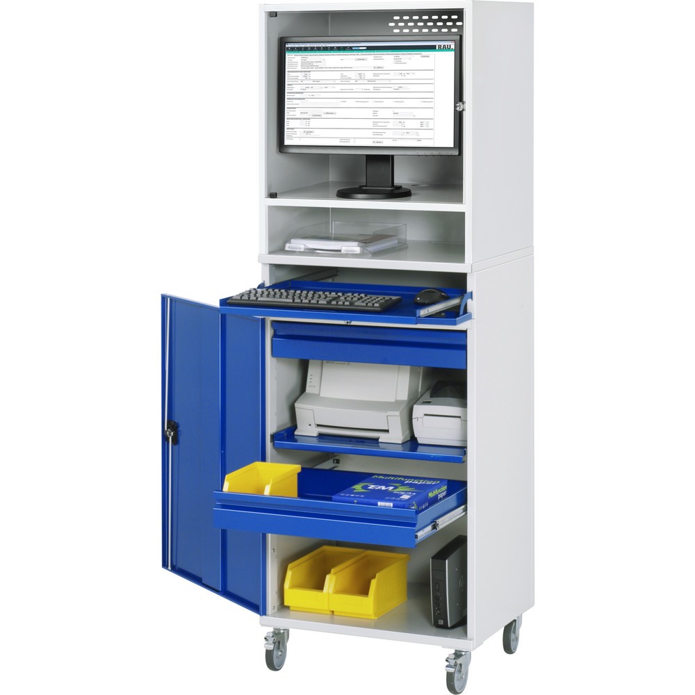 Obrázek produktu: Mobilní skříň pro počítač RAU, kryt na monitor, zásuvka na klávesnici, křídlové dveře, počet zásuvek x V x Š: 2 x 80 x 570 mm