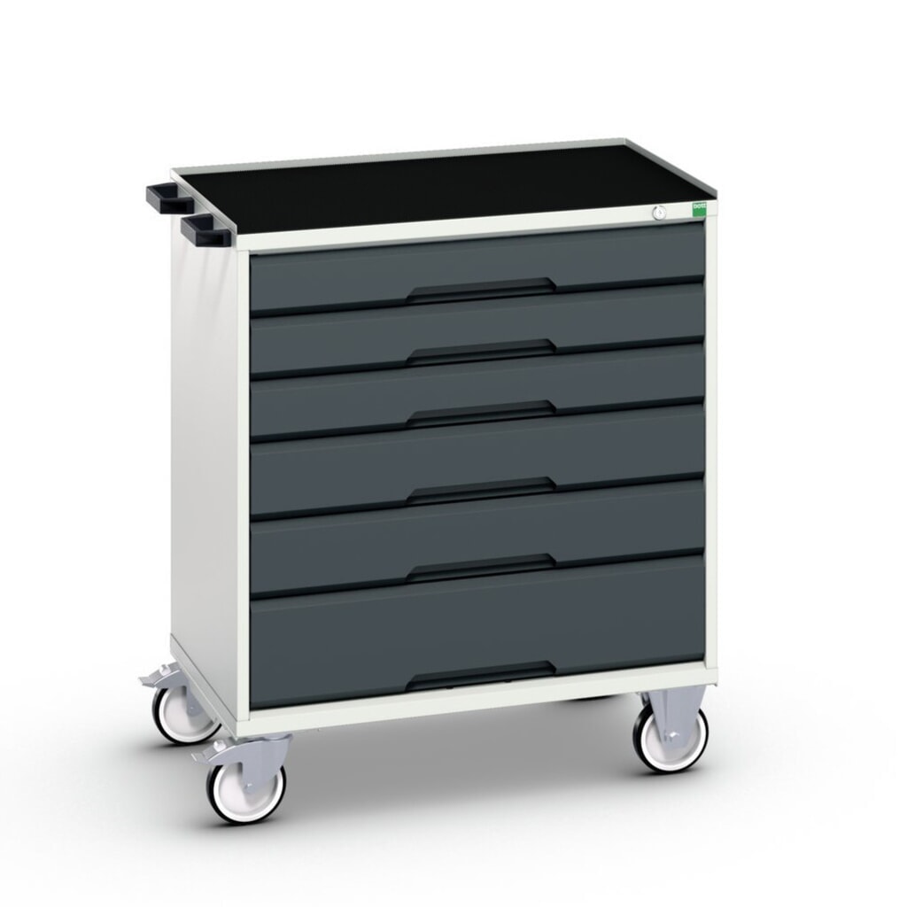Mobilní skříň se zásuvkami bott verso s 6 zásuvkami a se zvýšeným okrajem, ŠxHxV: 800 x 550 x 965 mm Obrázek produktu: Mobilní skříň se zásuvkami bott verso s 6 zásuvkami a se zvýšeným okrajem, ŠxHxV: 800 x 550 x 965 mm