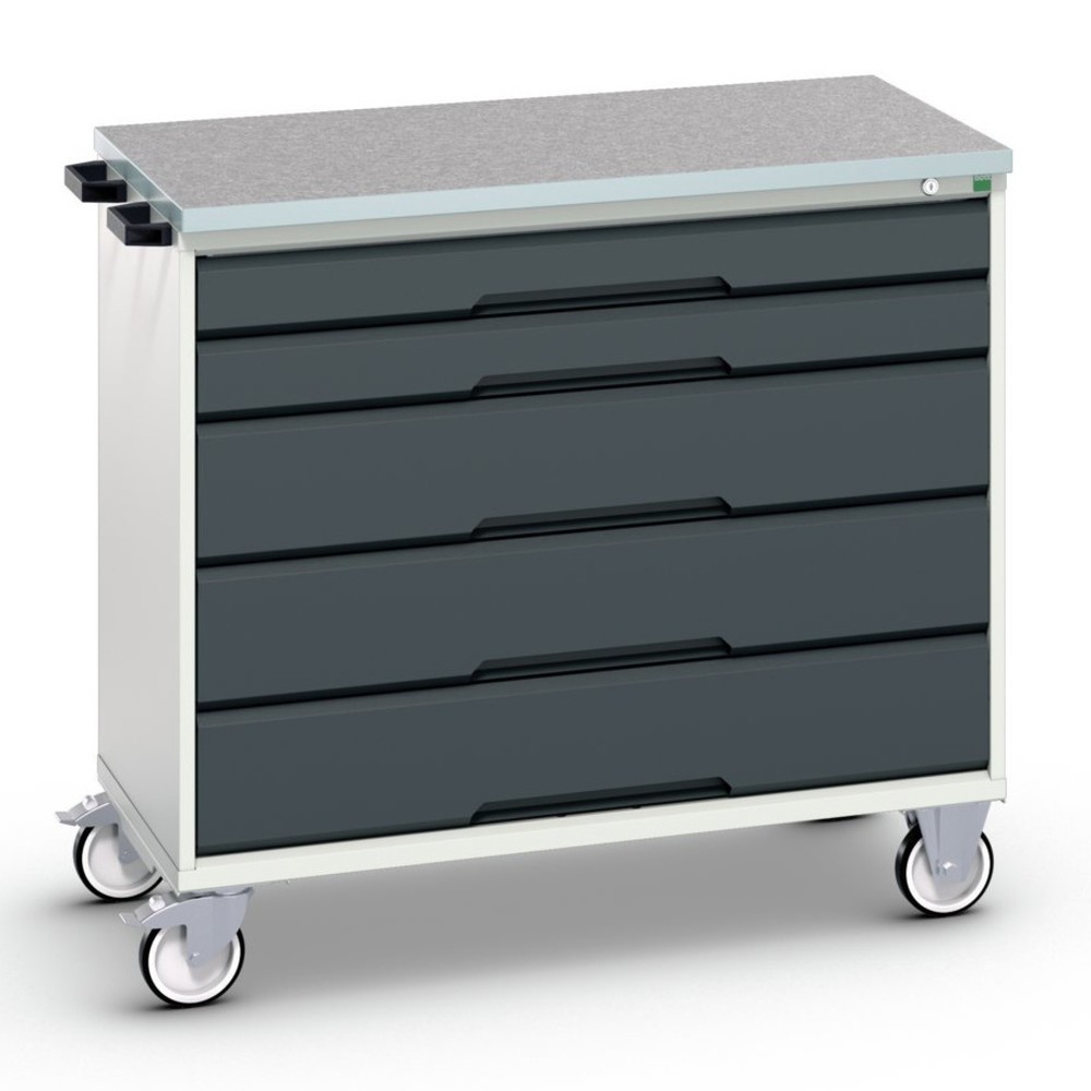 Mobilní skříň se zásuvkami bott verso s 5 zásuvkami a s vrchní částí z linolea, ŠxHxV: 1050 x 600 x 980 mm Obrázek produktu: Mobilní skříň se zásuvkami bott verso s 5 zásuvkami a s vrchní částí z linolea, ŠxHxV: 1050 x 600 x 980 mm
