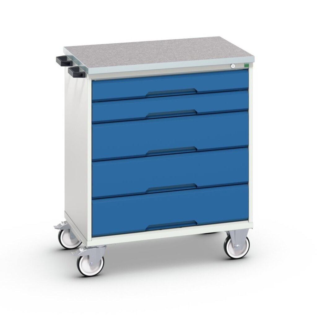 Mobilní skříň se zásuvkami bott verso s 5 zásuvkami a s vrchní částí z linolea, ŠxHxV: 800 x 600 x 980 mm Obrázek produktu: Mobilní skříň se zásuvkami bott verso s 5 zásuvkami a s vrchní částí z linolea, ŠxHxV: 800 x 600 x 980 mm
