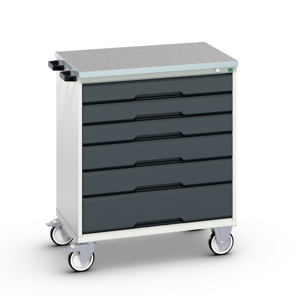 Mobilní skříň se zásuvkami bott verso s 6 zásuvkami a s vrchní částí z linolea, ŠxHxV: 800 x 600 x 980 mm Obrázek produktu: Mobilní skříň se zásuvkami bott verso s 6 zásuvkami a s vrchní částí z linolea, ŠxHxV: 800 x 600 x 980 mm