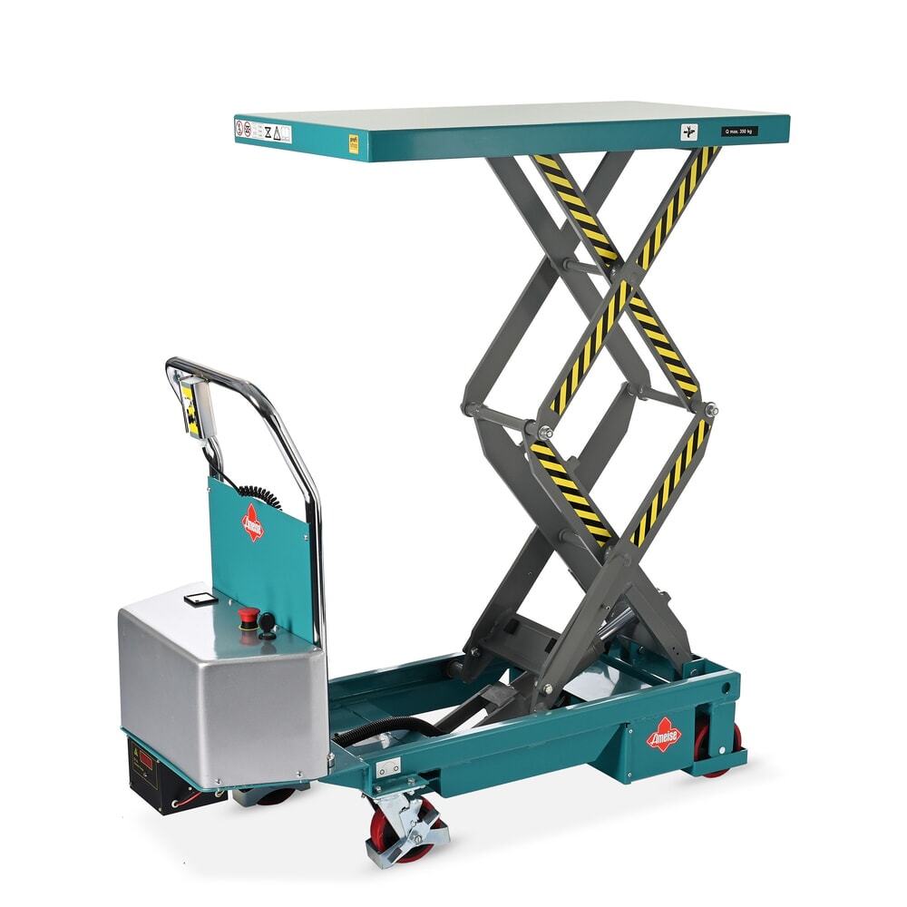 Obrázek produktu: Vozík se zvedacím stolem Ameise® s dvojitým nůžkovým mechanismem, elektrický, nosnost 350 kg, cca 910 x 500 mm