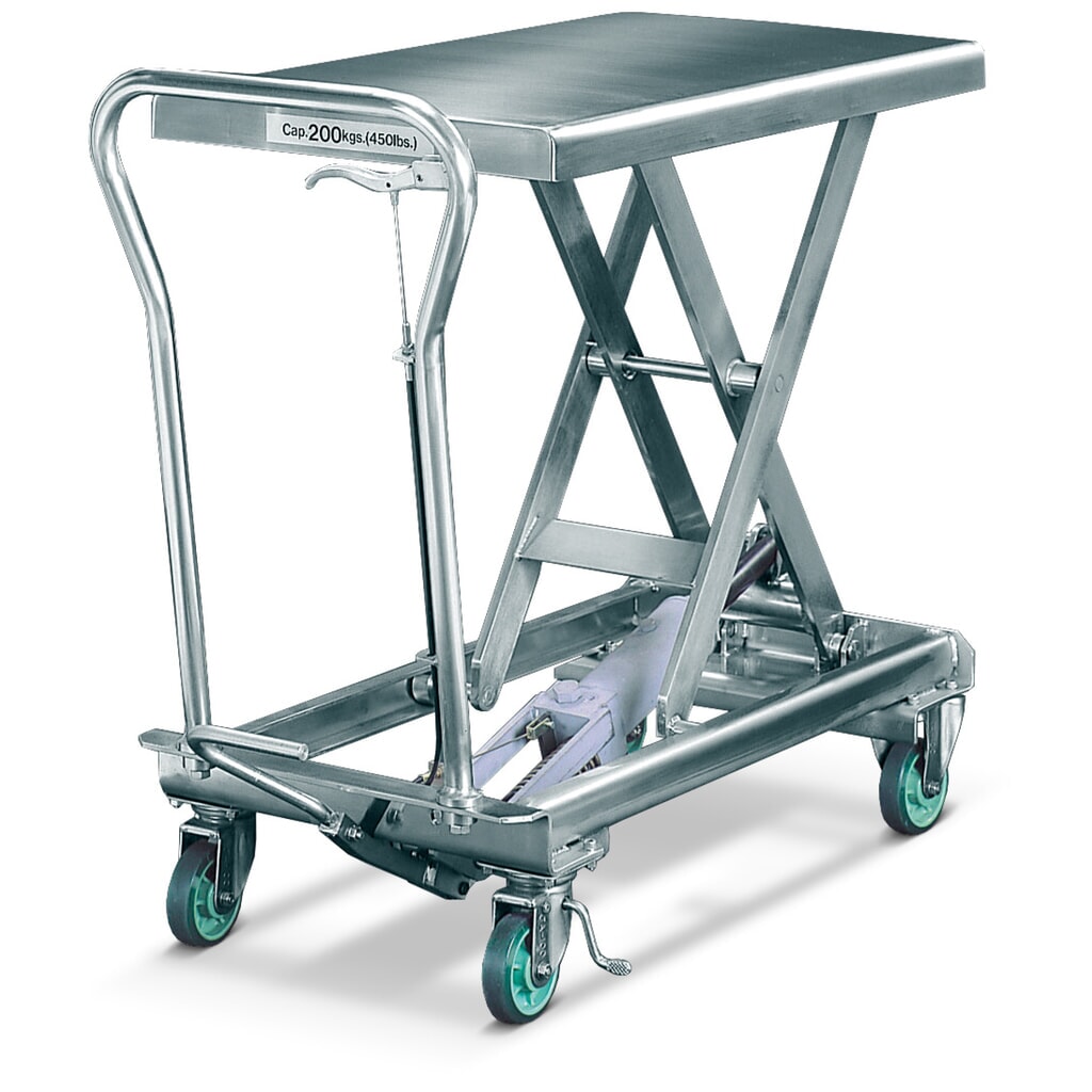 Vozík se zvedacím stolem s nůžkovým mechanismem z ušlechtilé oceli, nosnost 150 kg, rozměry 700 x 450 mm Obrázek produktu: Vozík se zvedacím stolem s nůžkovým mechanismem z ušlechtilé oceli, nosnost 150 kg, rozměry 700 x 450 mm