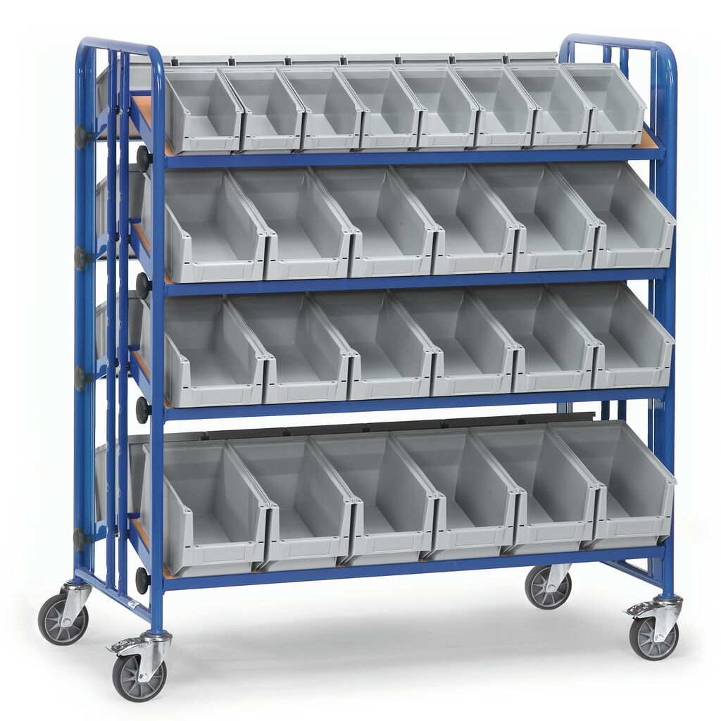 Montážní vozík fetra® se skladovacími boxy, 4 patra, dvoustranný Obrázek produktu: Montážní vozík fetra® se skladovacími boxy, 4 patra, dvoustranný