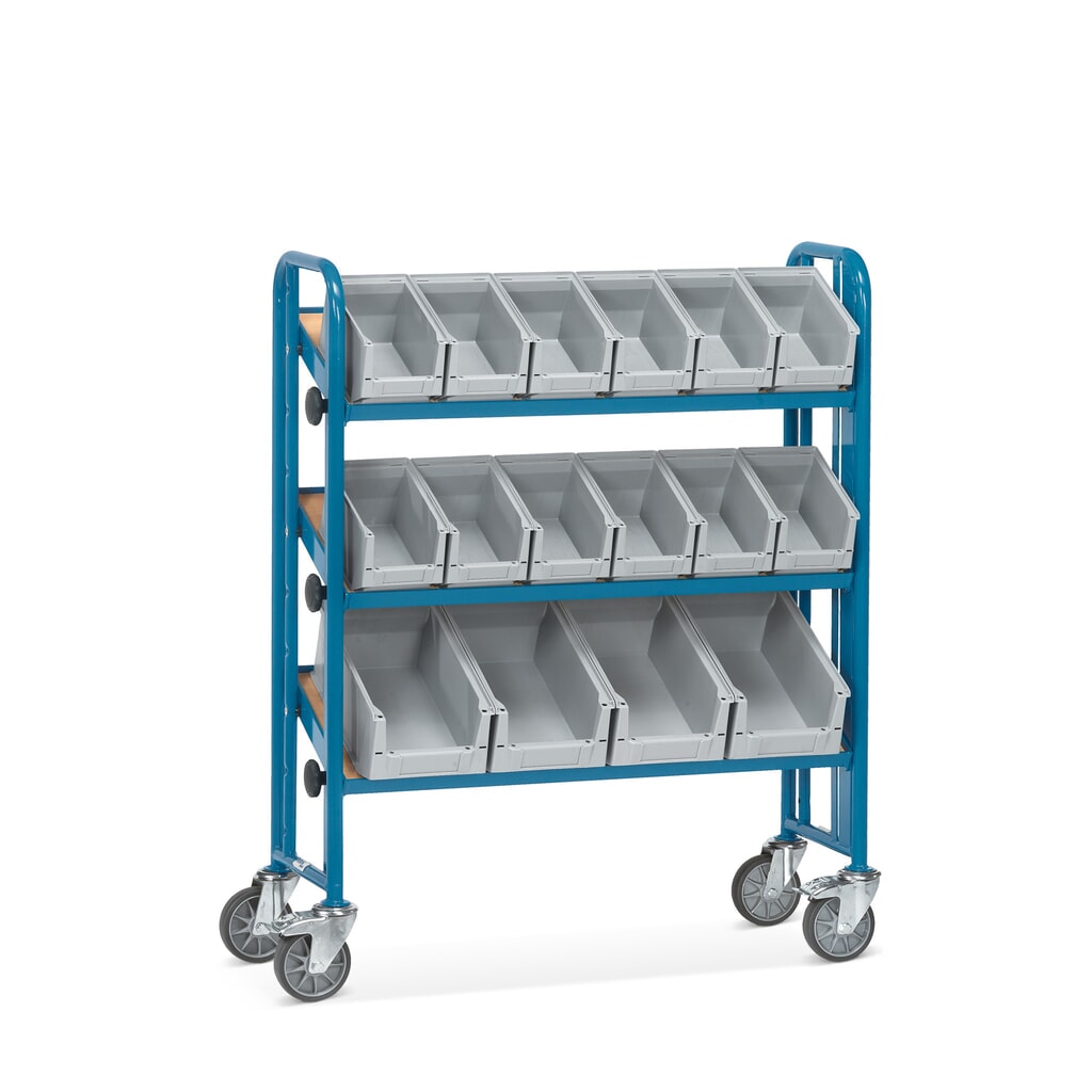 Montážní vozík fetra® se skladovacími boxy, 3 patra, jednostranný Obrázek produktu: Montážní vozík fetra® se skladovacími boxy, 3 patra, jednostranný