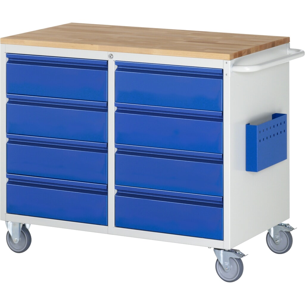 Montážní vozík RAU řada 7000, VxŠxH 975 x 1145 x 650 mm, 8x zásuvka 8 x 180 mm, buková pracovní deska, nosnost zásuvky 100 kg Obrázek produktu: Montážní vozík RAU řada 7000, VxŠxH 975 x 1145 x 650 mm, 8x zásuvka 8 x 180 mm, buková pracovní deska, nosnost zásuvky 100 kg
