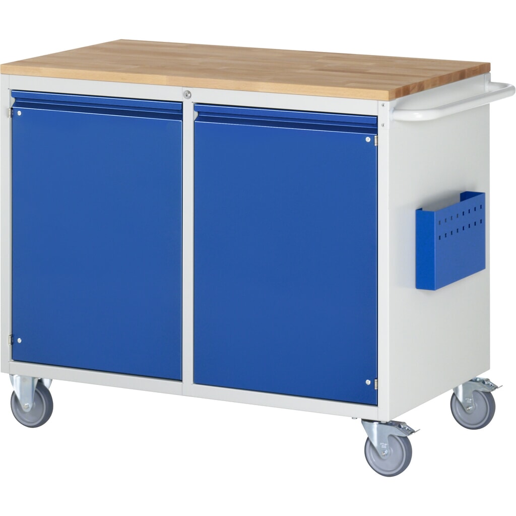 Obrázek produktu: Montážní vozík RAU řada 7000, VxŠxH 975 x 1145 x 650 mm, 2 křídlové dveře, buková pracovní deska, integrovaná úchytková lišta