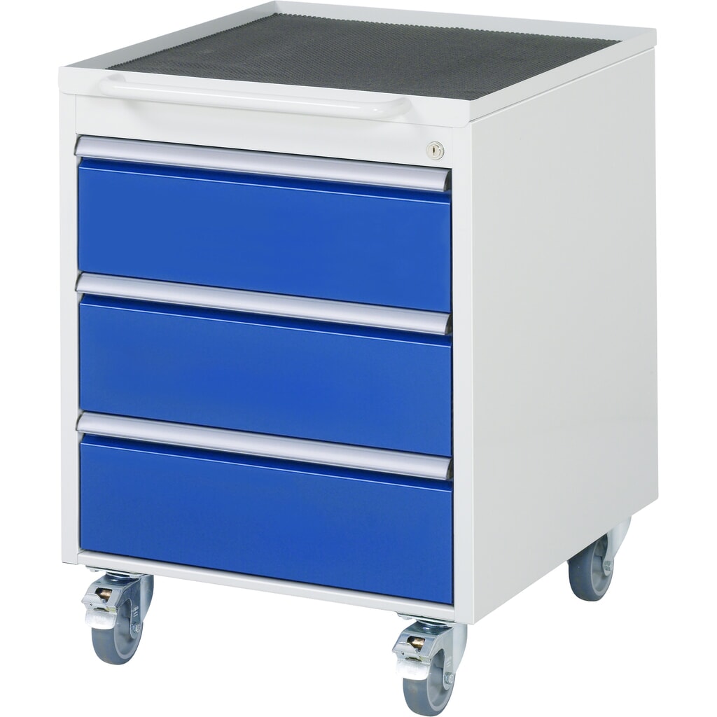 Obrázek produktu: Montážní vozík RAU řada 7000, VxŠxH 745 x 580 x 650 mm, madlo vpředu, 3x zásuvka 3 x 180 mm, kovová pracovní deska