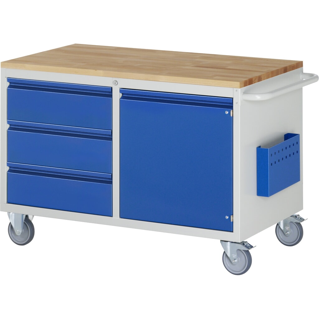 Montážní vozík RAU řada 7000, VxŠxH 795 x 1145 x 650 mm, 1 křídlové dveře, 3x zásuvka s částečným výsuvem, buková pracovní deska Obrázek produktu: Montážní vozík RAU řada 7000, VxŠxH 795 x 1145 x 650 mm, 1 křídlové dveře, 3x zásuvka s částečným výsuvem, buková pracovní deska