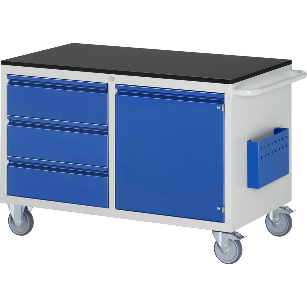 Číslo obrázku produktu 1: Montážní vozík RAU řada 7000, VxŠxH 795 x 1145 x 650 mm, 1 křídlové dveře, 3x zásuvka s částečným výsuvem, melaminová pracovní deska