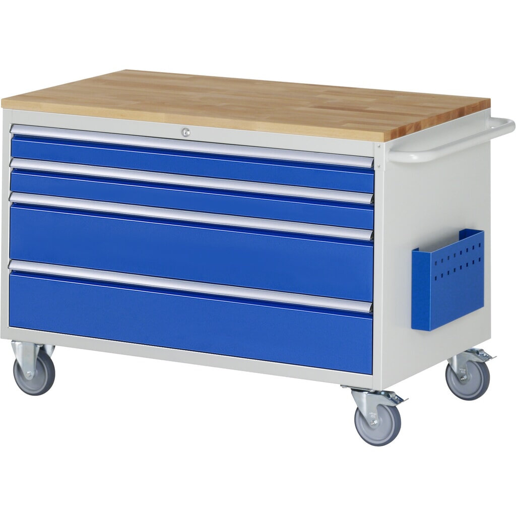 Montážní vozík RAU řada 7000, VxŠxH 795 x 1145 x 650 mm, 4x zásuvka 2 x 90, 2 x 180 mm, buková pracovní deska, nosnost zásuvky 50 kg Obrázek produktu: Montážní vozík RAU řada 7000, VxŠxH 795 x 1145 x 650 mm, 4x zásuvka 2 x 90, 2 x 180 mm, buková pracovní deska, nosnost zásuvky 50 kg