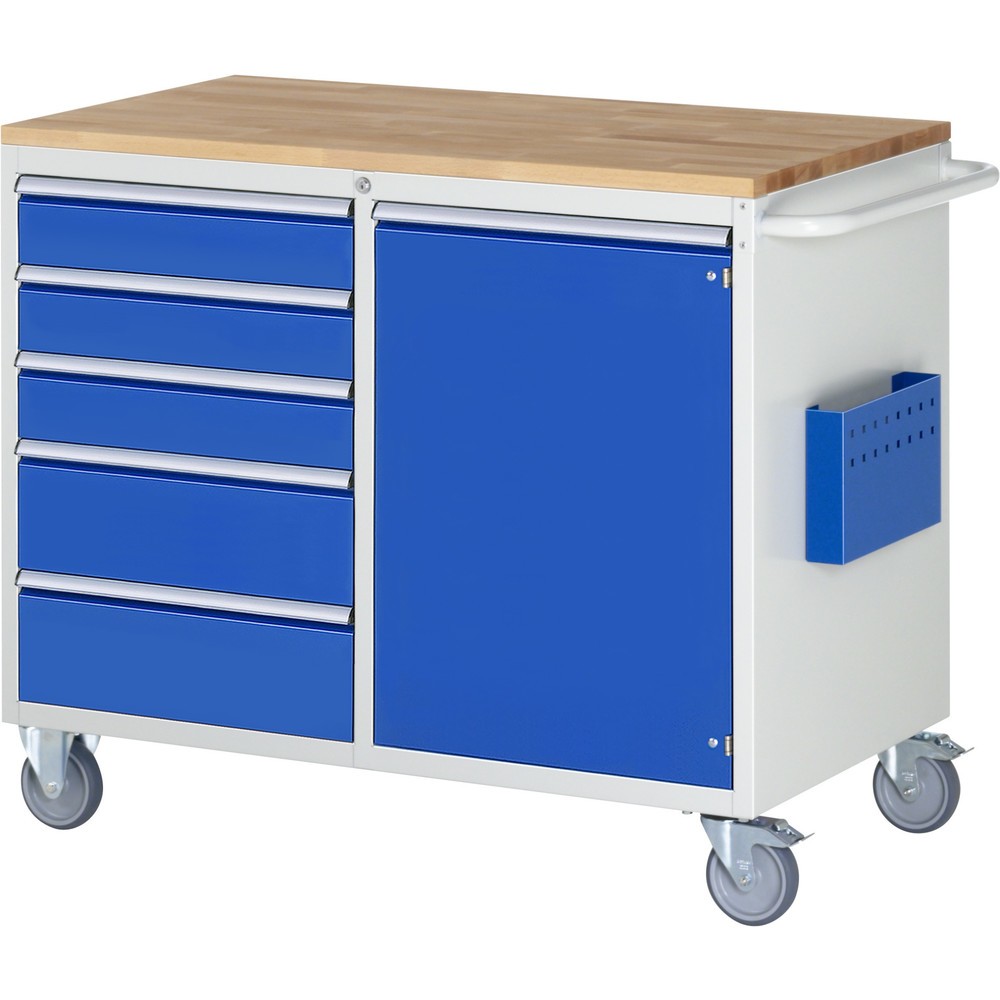 Číslo obrázku produktu 1: Montážní vozík RAU řada 7000, VxŠxH 975 x 1145 x 650 mm, 1 křídlové dveře, 5x zásuvka 3 x 120, 2 x 180 mm, buková pracovní deska