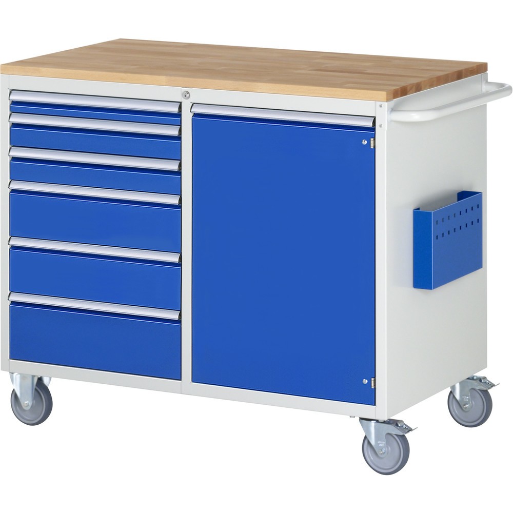 Číslo obrázku produktu 1: Montážní vozík RAU řada 7000, VxŠxH 975 x 1145 x 650 mm, 1 křídlové dveře, 6x zásuvka 1 x 60, 2 x 90, 2 x 150, 1 x 180 mm, buková pracovní deska