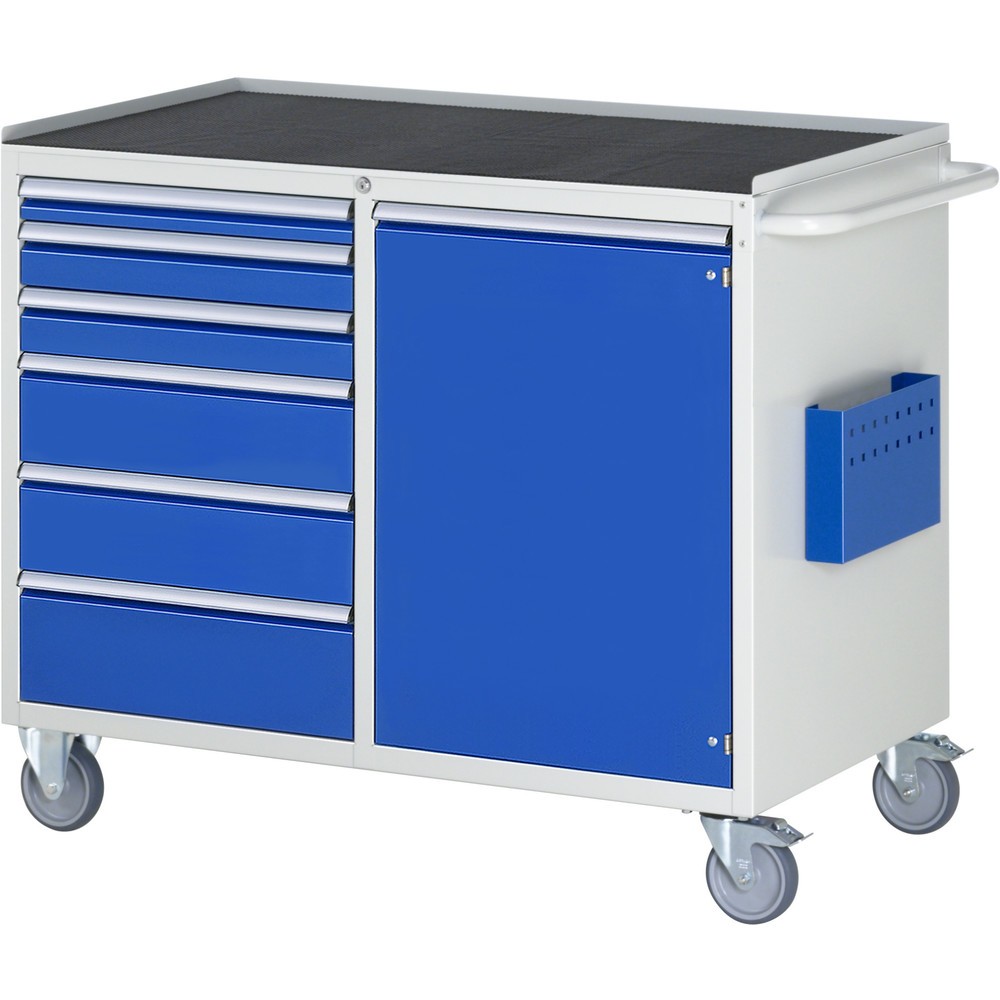 Číslo obrázku produktu 1: Montážní vozík RAU řada 7000, VxŠxH 975 x 1145 x 650 mm, 1 křídlové dveře, 6x zásuvka 1 x 60, 2 x 90, 2 x 150, 1 x 180 mm, kovová pracovní deska