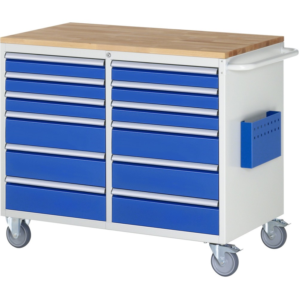 Číslo obrázku produktu 1: Montážní vozík RAU řada 7000, VxŠxH 975 x 1145 x 650 mm, 12x zásuvka 6 x 90, 6 x 150 mm, buková pracovní deska, nosnost zásuvky 100 kg