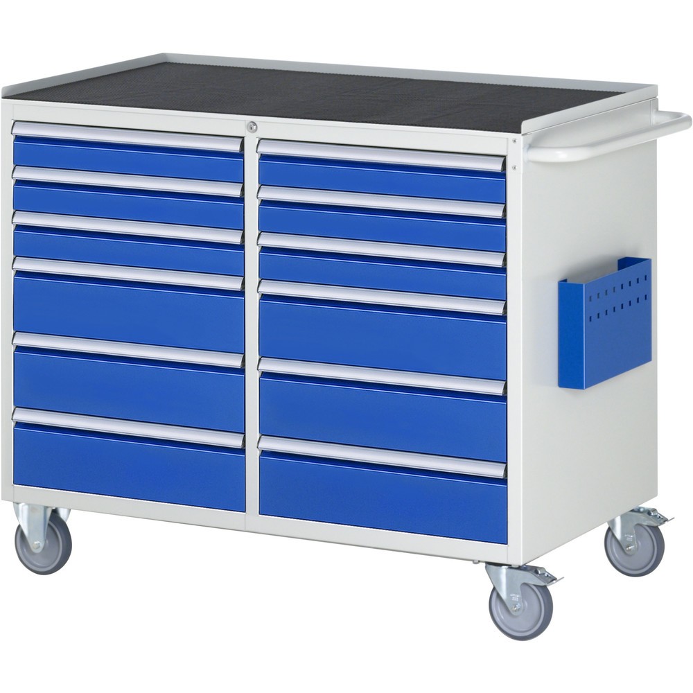 Obrázek produktu: Montážní vozík RAU řada 7000, VxŠxH 975 x 1145 x 650 mm, 12x zásuvka 6 x 90, 6 x 150 mm, kovová pracovní deska, nosnost zásuvky 100 kg