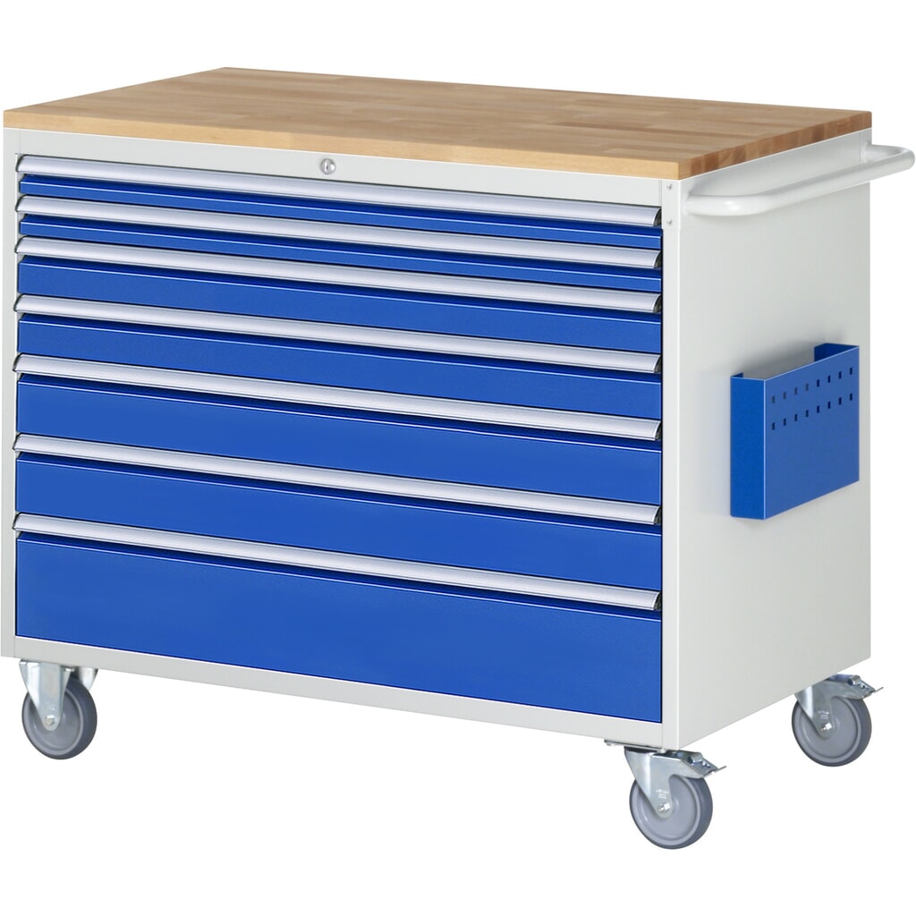 Obrázek produktu: Montážní vozík RAU řada 7000, VxŠxH 975 x 1145 x 650 mm, 7x zásuvka 2 x 60, 2 x 90, 2 x 120, 1 x 180 mm, buková pracovní deska, nosnost zásuvky 50 kg