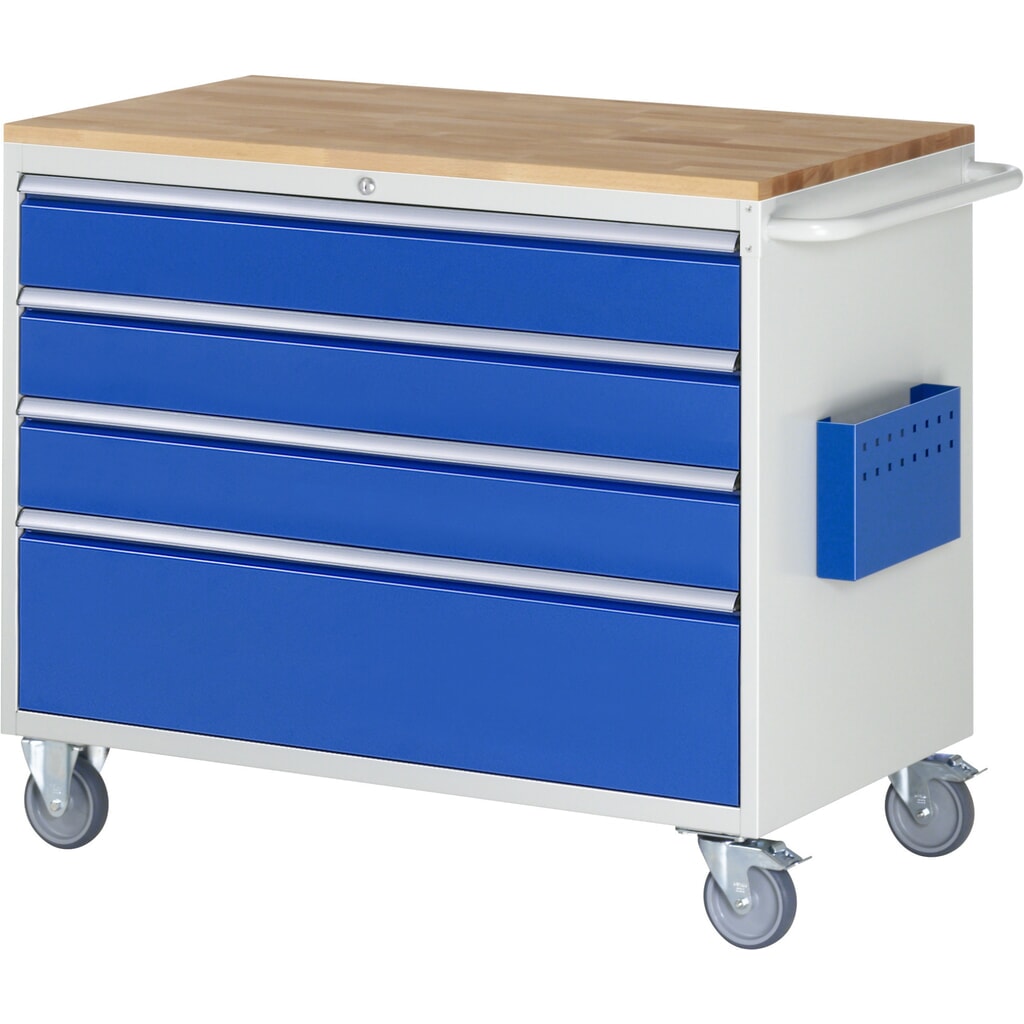 Montážní vozík RAU řada 7000, VxŠxH 975 x 1145 x 650 mm, 4x zásuvka 3 x 150, 1 x 270 mm, buková pracovní deska, nosnost zásuvky 50 kg Obrázek produktu: Montážní vozík RAU řada 7000, VxŠxH 975 x 1145 x 650 mm, 4x zásuvka 3 x 150, 1 x 270 mm, buková pracovní deska, nosnost zásuvky 50 kg