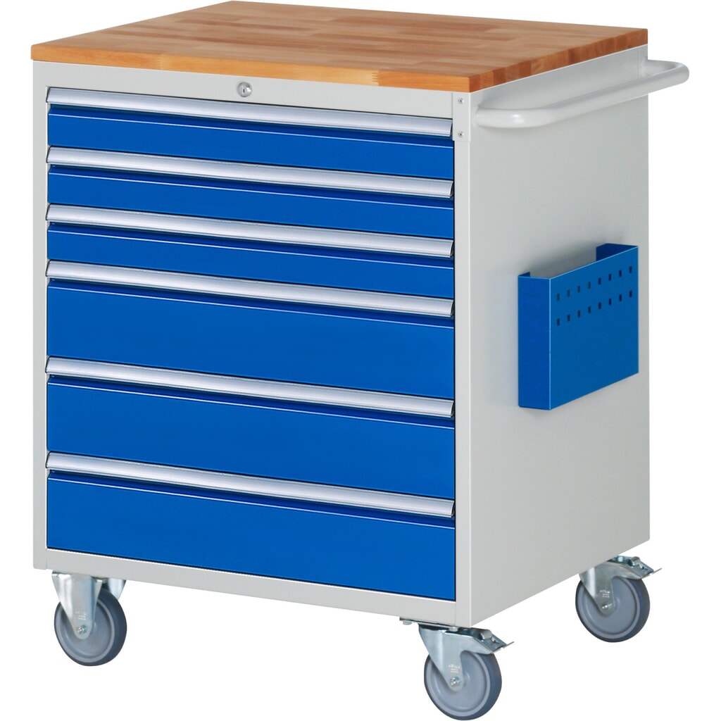 Dílenský vozík RAU, řada 7000, V׊×H 975 × 770 × 650 mm, 6 zásuvek, velikost XL, pracovní deska buk masiv Obrázek produktu: Dílenský vozík RAU, řada 7000, V׊×H 975 × 770 × 650 mm, 6 zásuvek, velikost XL, pracovní deska buk masiv