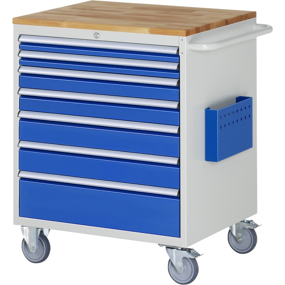 Číslo obrázku produktu 1: Montážní vozík RAU řada 7000, VxŠxH 975 x 770 x 650 mm, 7x zásuvka 2 x 60, 2 x 90, 2 x 120, 1 x 180 mm, buková pracovní deska