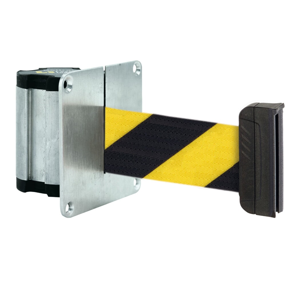 Obrázek produktu: Nástěnná pásová zábrana M s magnetickou koncovkou, délka 2,3 m, černá / žlutá diagonální pruhy