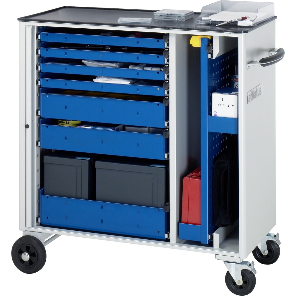 Obrázek produktu: Nástrojový vozík RAU řada adlatus, VxŠxH 1 080 x 1025 x 520 mm, 7x zásuvka 4 x 40, 2 x 105, 1 x 130 mm, kovová pracovní deska