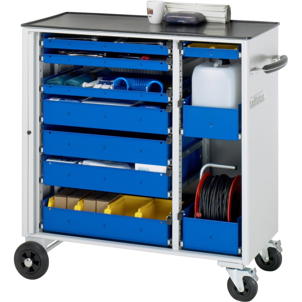 Obrázek produktu: Nástrojový vozík RAU řada adlatus, VxŠxH 1 080 x 1025 x 520 mm, 10x zásuvka 4 x 65, 4 x 130, 2 x 150 mm, kovová pracovní deska