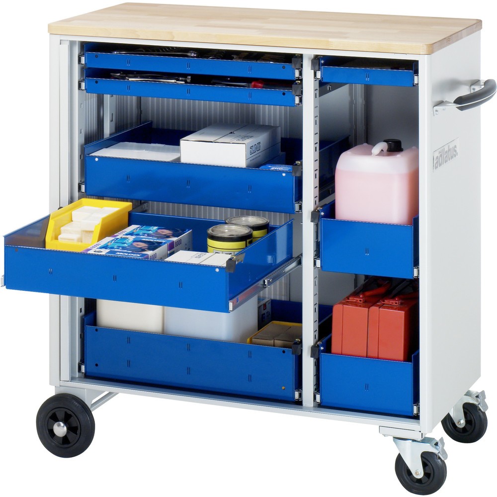 Obrázek produktu: Nástrojový vozík RAU řada adlatus, VxŠxH 1080 x 1025 x 520 mm, 8x zásuvka 3 x 40, 2 x 105, 3 x 130 mm, buková pracovní deska