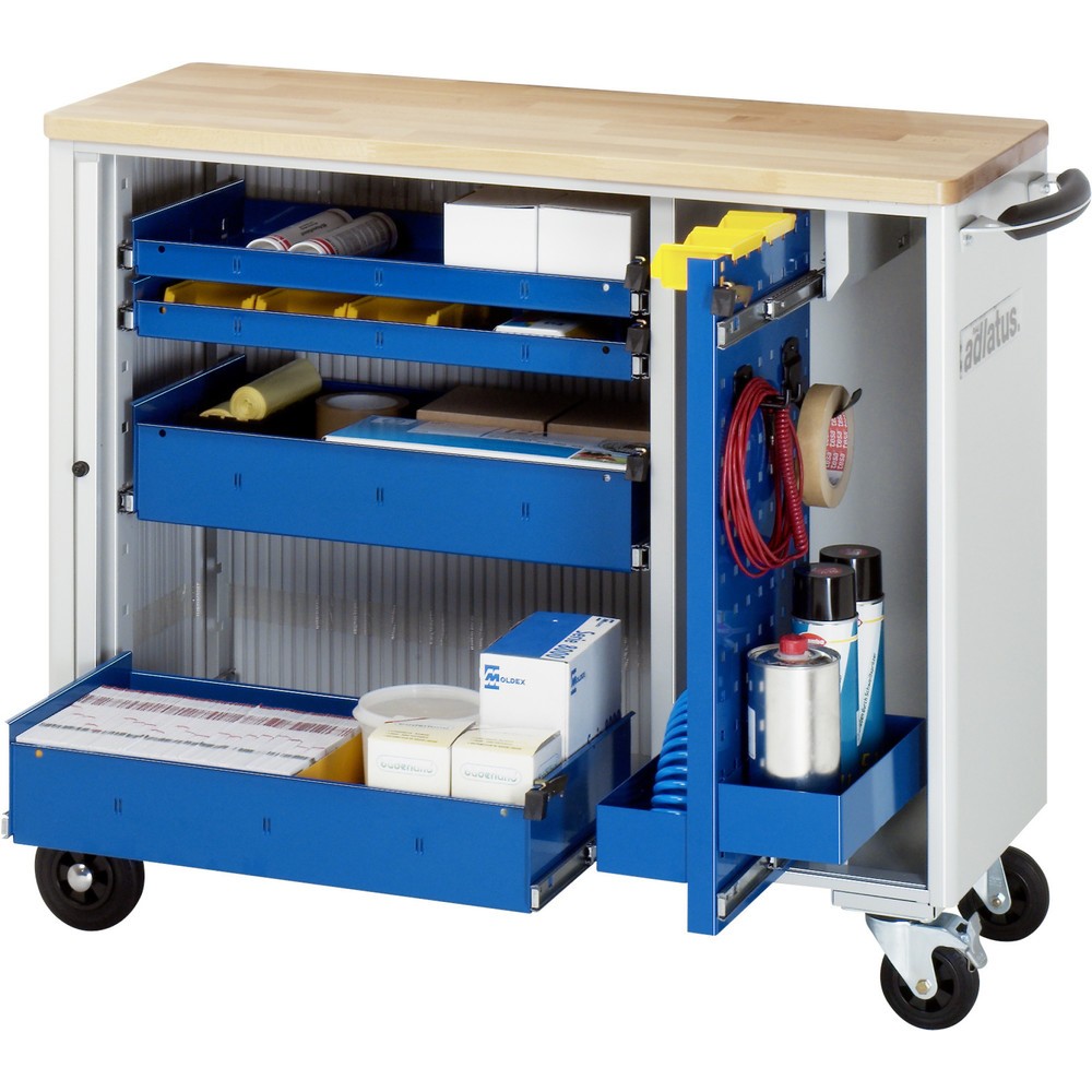 Číslo obrázku produktu 1: Nástrojový vozík RAU řada adlatus, VxŠxH 860 x 1025 x 400 mm, 4x zásuvka 2 x 40, 2 x 105 mm, buková pracovní deska