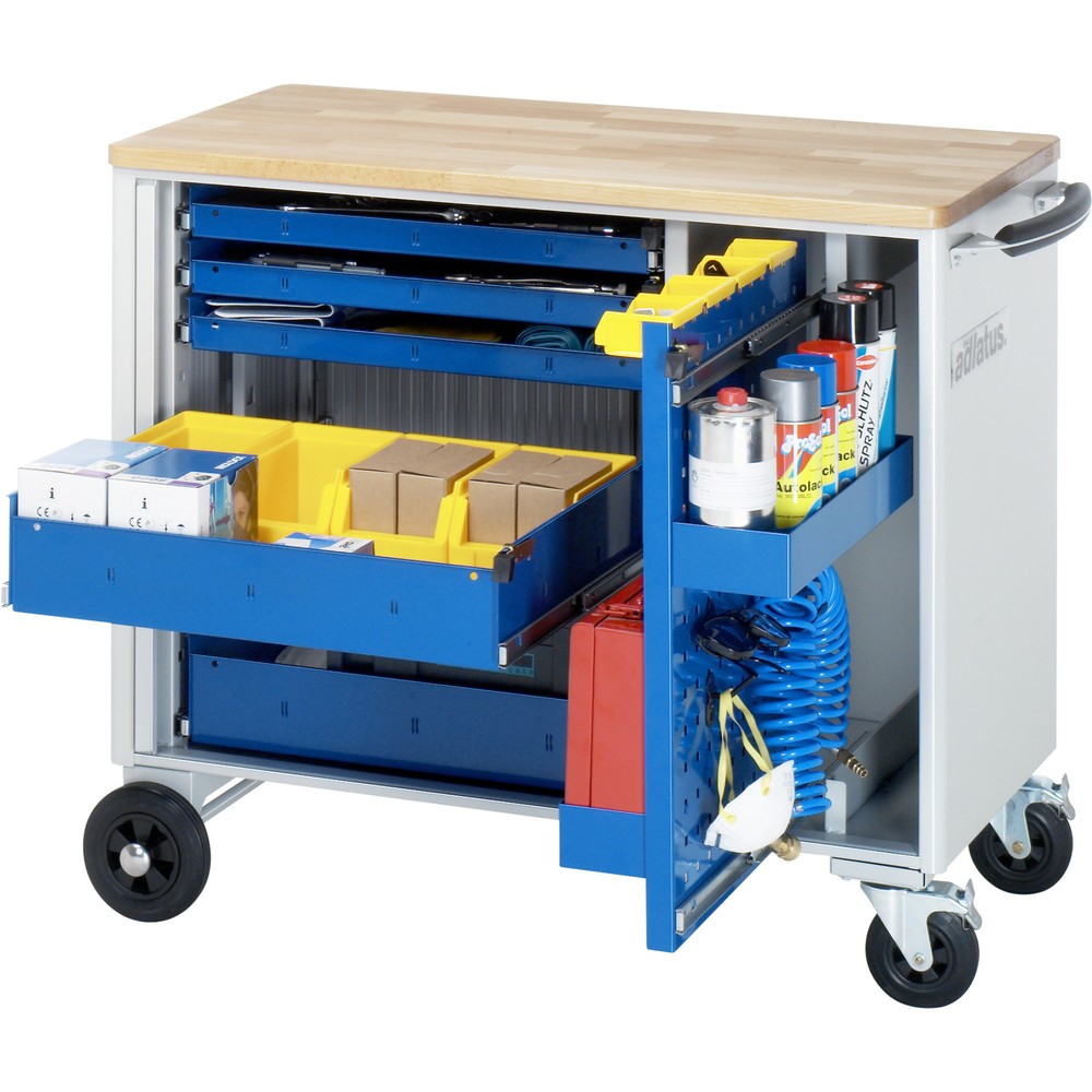 Obrázek produktu: Nástrojový vozík RAU řada adlatus, VxŠxH 890 x 1025 x 520 mm, 5x zásuvka 3 x 40, 2 x 105 mm, buková pracovní deska