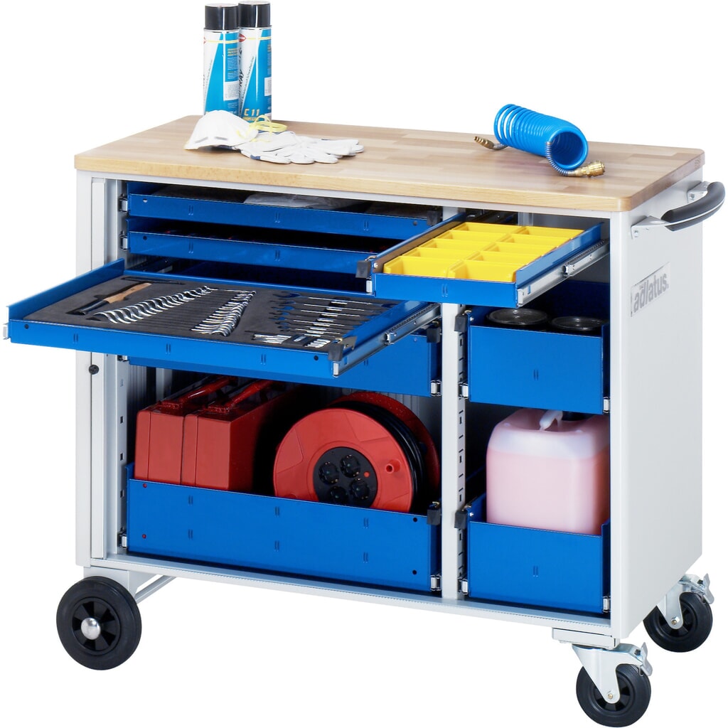Obrázek produktu: Nástrojový vozík RAU řada adlatus, VxŠxH 890 x 1025 x 520 mm, 8x zásuvka 3 x 40, 1 x 105, 1 x 130 mm, buková pracovní deska
