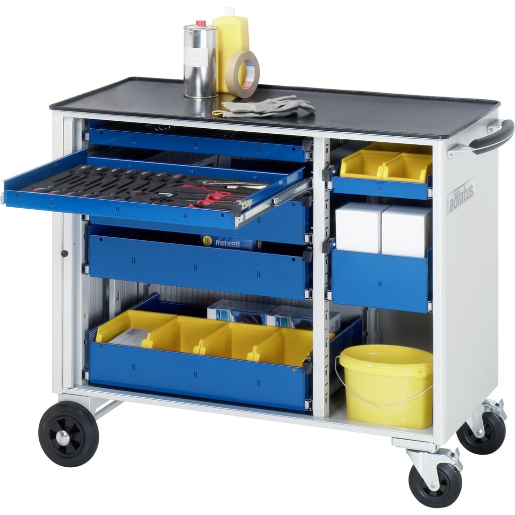 Obrázek produktu: Nástrojový vozík RAU řada adlatus, VxŠxH 890 x 1025 x 520 mm, 7x zásuvka 3 x 40, 3 x 105, 1 x 130 mm, kovová pracovní deska