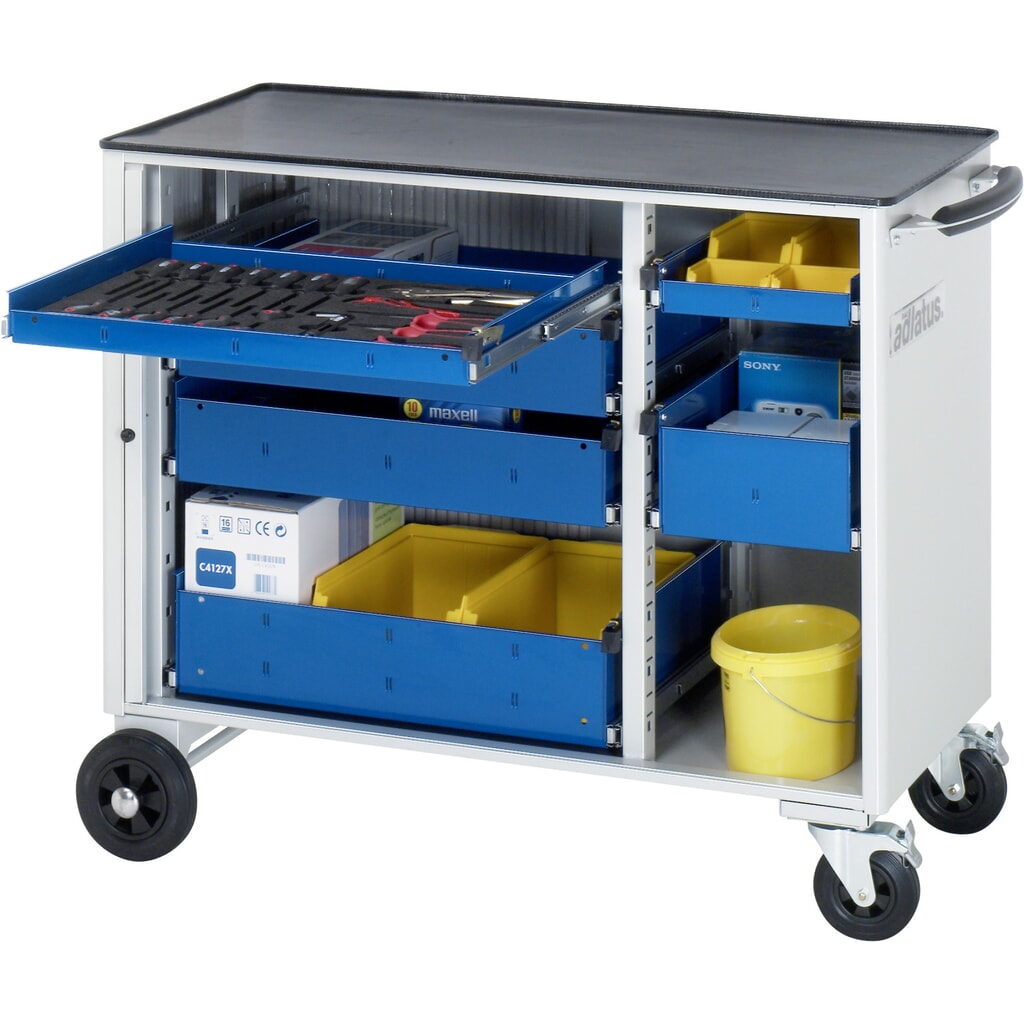 Obrázek produktu: Nástrojový vozík RAU řada adlatus, VxŠxH 890 x 1025 x 520 mm, 6x zásuvka 2 x 40, 2 x 105, 2 x 130 mm, kovová pracovní deska