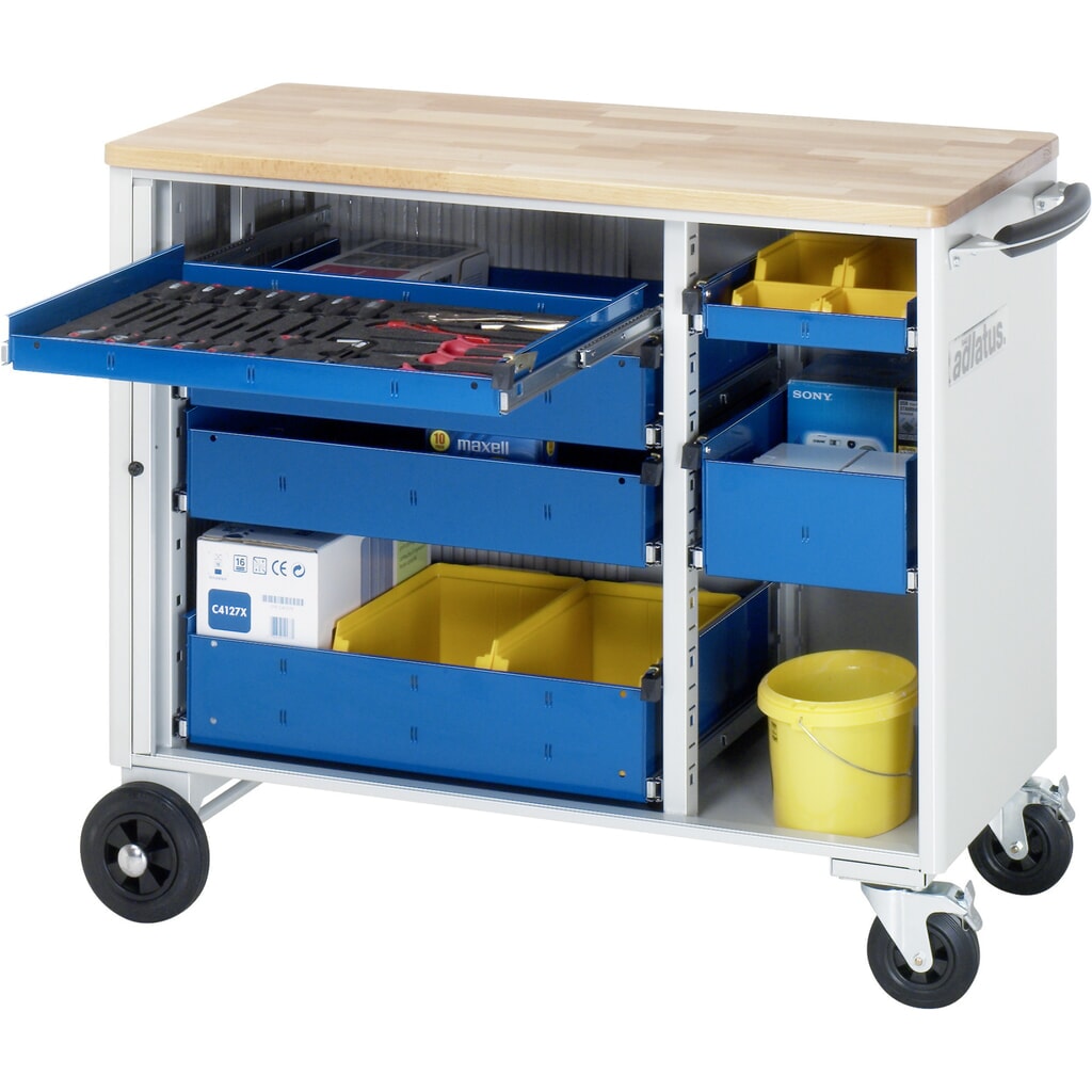 Obrázek produktu: Nástrojový vozík RAU řada adlatus, VxŠxH 890 x 1025 x 520 mm, 6x zásuvka 2 x 40, 2 x 105, 2 x 130 mm, buková pracovní deska