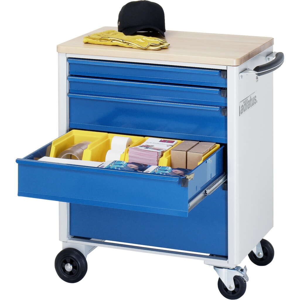 Nástrojový vozík RAU řada adlatus 700, VxŠxH 860 x 700 x 510 mm, 5x zásuvka 2 x 65, 2 x 130, 1 x 260 mm, buková pracovní deska Obrázek produktu: Nástrojový vozík RAU řada adlatus 700, VxŠxH 860 x 700 x 510 mm, 5x zásuvka 2 x 65, 2 x 130, 1 x 260 mm, buková pracovní deska